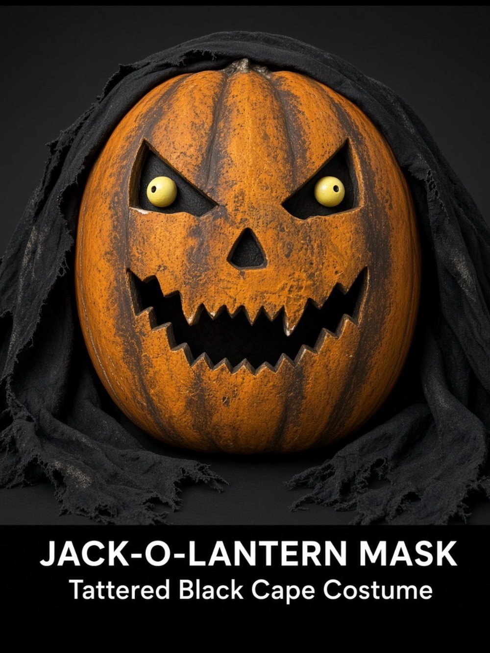 Jack O Lantern Pumpkin Head Mask Tattered Black Cape Costume